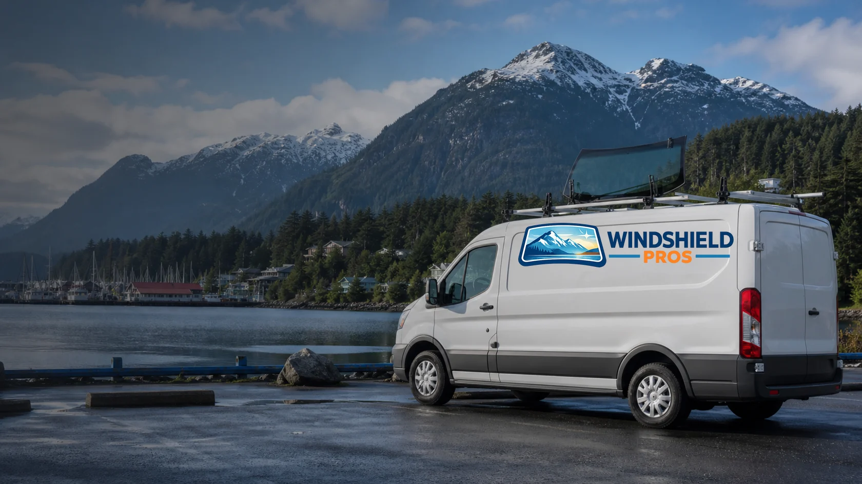 Clean windshield view toward a rainy Sitka waterfront road