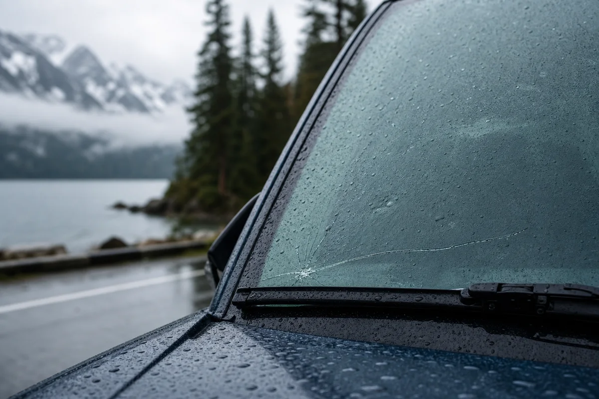 Rain on a vehicle windshield in Southeast Alaska