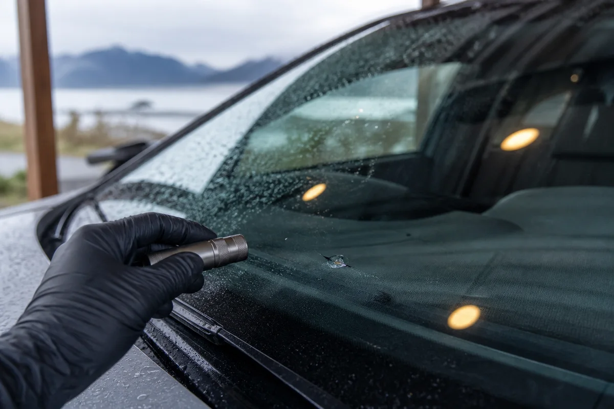 Close inspection of a small windshield chip